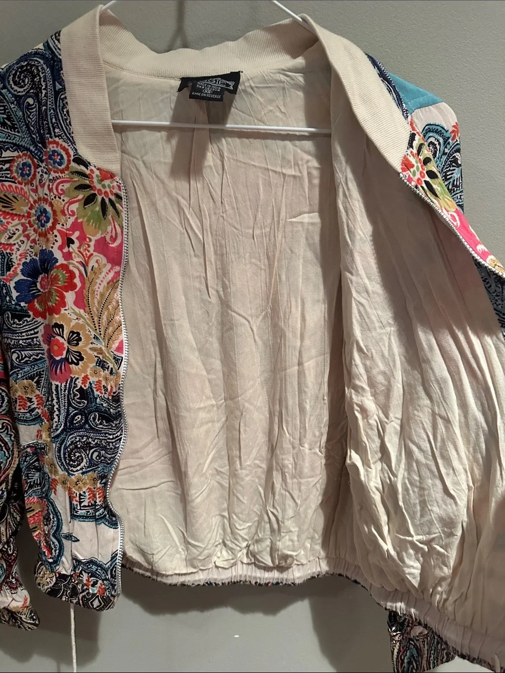 Angie Floral Paisley Bomber Jacket in Pink, Navy & Cream